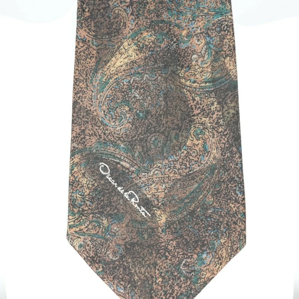 Mens Oscar De La Renta Necktie Tie‎ Brown Pattern
